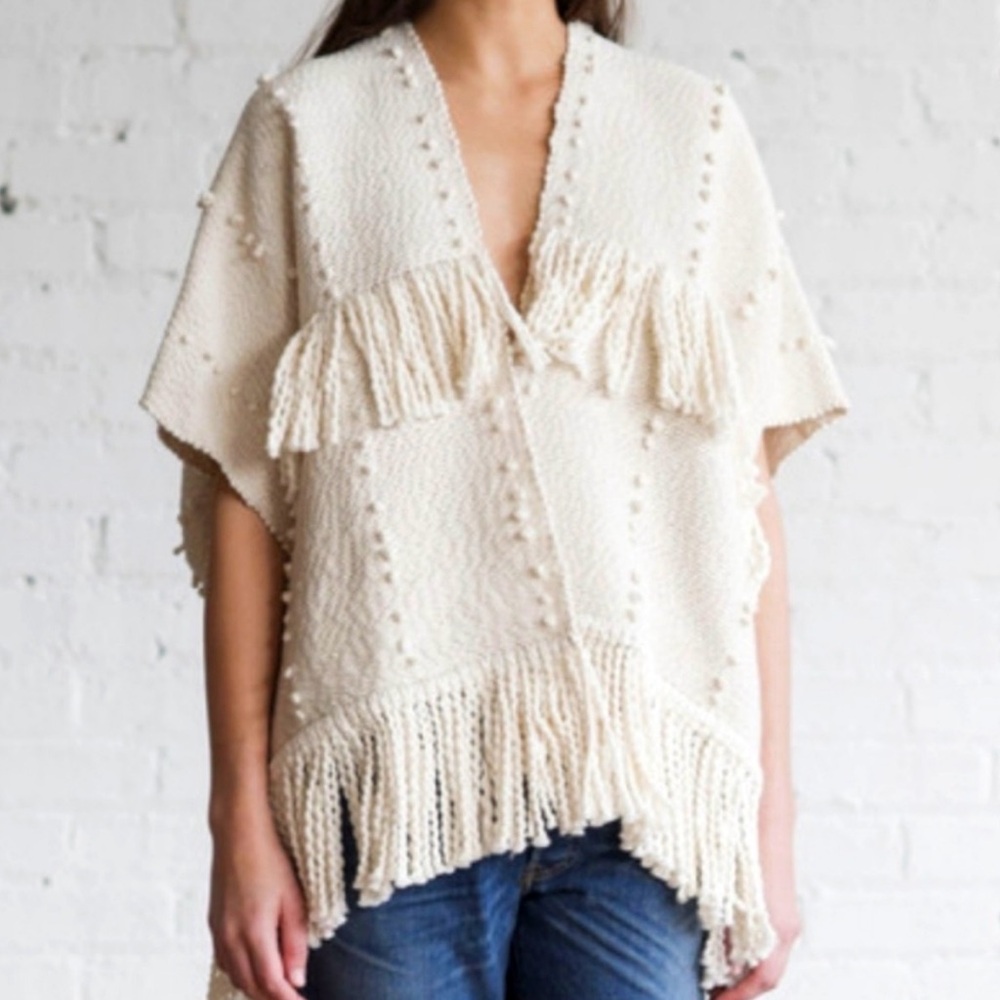 Ulla Johnson Luxury Ivory Fringe Poncho Hand Made in Peru 100% Cotton Boho 1 Sz